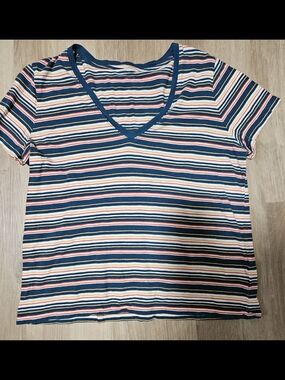 Madewell V-Neck Short Sleeve Striped Tee in Navy, Pink, Yellow & White
